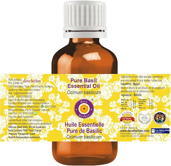 Deve Herbes Pure Basil Essential Oil (Ocimum basilicum) Steam Distilled 15ml (0.50 oz)