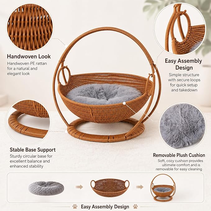 Wicker Cat Bed Elevated Cat Lounger Multifunctional Pet Furniture with Removable Cushion for Indoor Pets