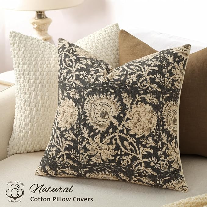 Vintage Floral Print Throw Pillow Covers 22x22 Set of 2 Neutral Modern Farmhouse Accent Decorative Cushion Covers Boho Home Decor for Couch Sofa Chair Bed Living Room, Black