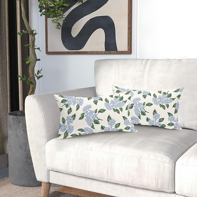 Square Blue Hydrangea Flower Pillow Covers 12x20 Inch Set of 2 Spring Blue Floral Cornflower Throw Pillow Cases Outdoor Linen Square Cushion Cover Farmhouse Decor for Bedroom Home Sofa Couch Bed