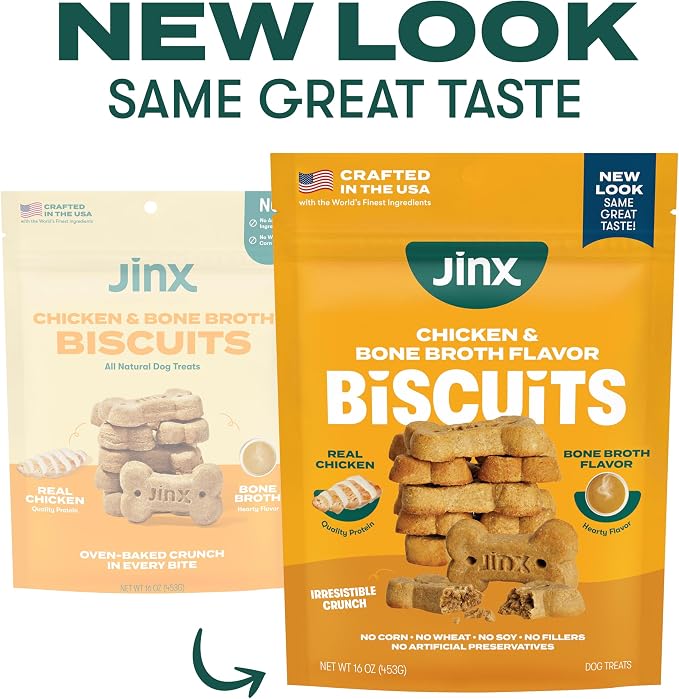 Jinx Dog Biscuits, Oven-Baked Dog Treats with Chicken Bone Broth, 16oz | 2-Pack Crunchy & Healthy Dog Treat, Superfood-Rich with Cage Free Chicken, Dog Cookies for Puppies, Adults & Senior Dogs