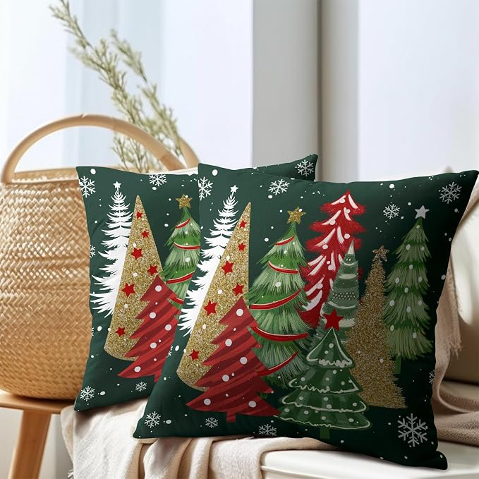 Kawani Christmas Tree Throw Pillow Covers 16x16 Inch Set of 2 Red Gold Green Pine Trees Decorative Pillows Pillowcase Square Cotton Linen Cushion Case for Bed Living Room Outdoor Car