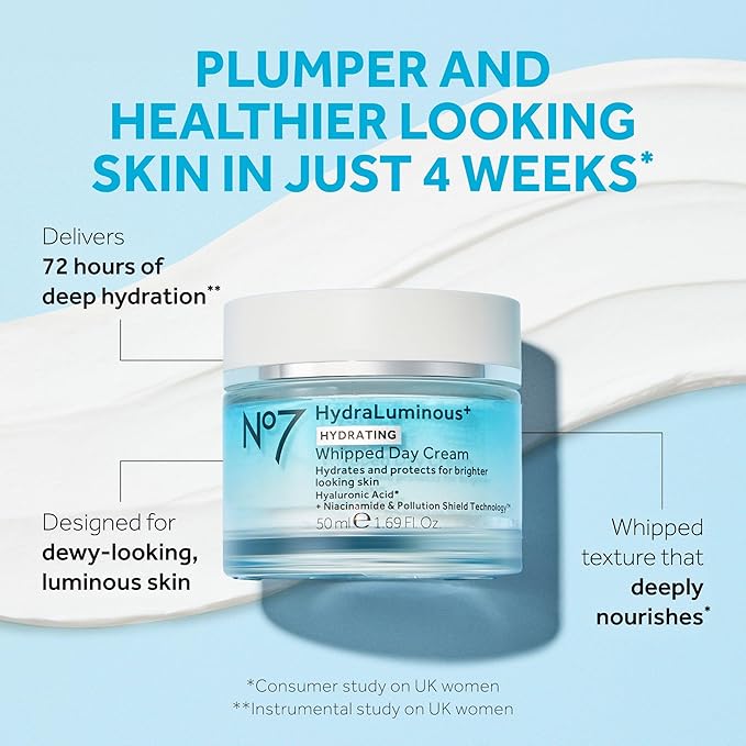 No7 HydraLuminous+ Hydrating Whipped Day Cream - Hyaluronic Acid Facial Moisturizer with 2% Vitamin B3 Niacinamide for Skin Barrier Repair & Visibly Healthy-Looking Skin (1.69 Fl Oz)