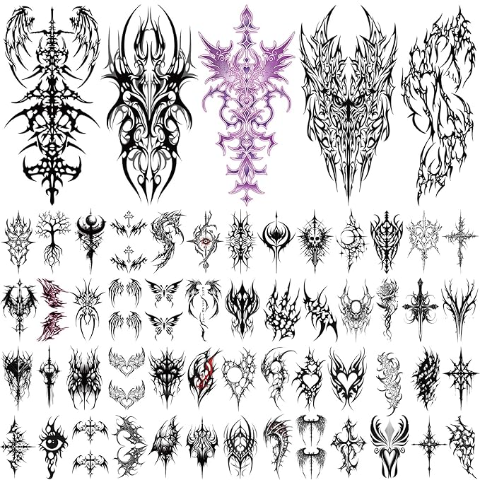 Yazhiji 77 Sheets Cyber Sigilism Temporary Tattoos Adult, 17 Sheets Cyber Seal Fake Arm Chest Shoulder Tattoo Stickers, 60 Sheets Tiny Black Tattoos for Women Men Kids