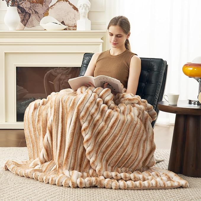 Cozy Bliss Faux Fur Throw Blanket for Couch, Cozy Warm Plush Striped Blanket for Sofa Bedroom Living Room,50 * 60 Inches Khaki