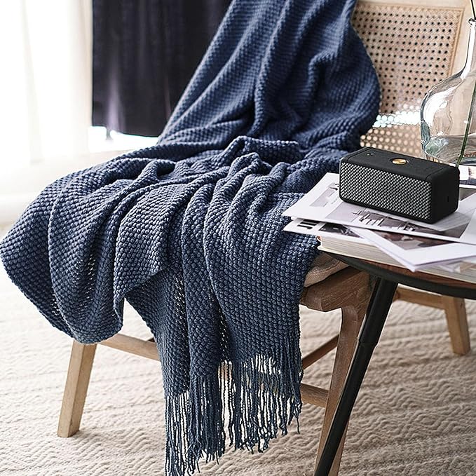 LOMAO Knitted Throw Blanket with Tassels Bubble Textured Lightweight Soft Throws for Couch Cover Home Decor (Navy, 60x90)