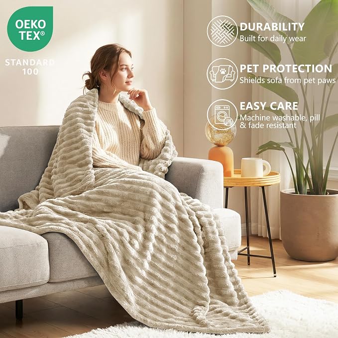 HIMEET Linen Twin Blanket for Bed, 300GSM Ribbed Fleece, 60 x 80 Inches | Ultra Soft Flannel, All-Season Lightweight Warmth, Bed Layering Pick & Dorm Essential, Gift for Men & Women, Machine Washable