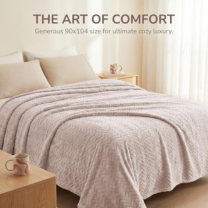 Exclusivo Mezcla Soft Fleece Blanket King Size, Cozy Lightweight Blankets with Decorative Wave Textured Suitable for All Season Use, Camel, 90x104 Inches | 90"x104" Breathable Lightweight Flannel Blanket for Summer, Plush Cozy Jacquard Wave for Home Decor