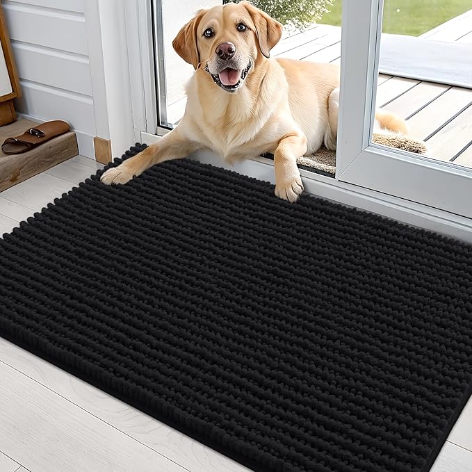 OLANLY Dog Door Mat for Muddy Paws 36x24, Extra Absorbent Chenille Mud Mat | Black, Absorbs Moisture and Dirt, Non-Slip Machine Washable Doormat, Quick-Drying Indoor Entryway Floor Mat for Dogs