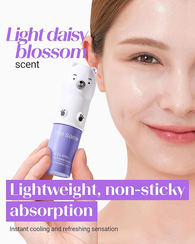 THESAEM Iceland Hydrating Peptide Eye Stick with Cute Bear Keyring Set - 5-Peptides Cooling Balm for Loose Skin – Under Eye Treatment with Glacier Water - Portable K-Beauty Charm, Daisy Scent, 0.38oz