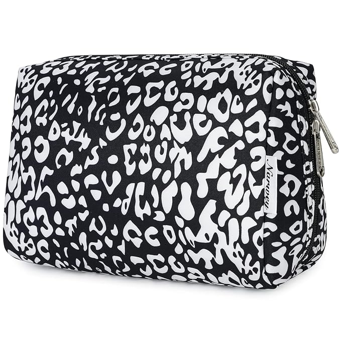 Narwey Cute Cheetah Makeup Bag Travel Cosmetic Bag Organizer Toiletry Bag Make Up Bags with Compartments for Women (Large, Black Leopard-1)