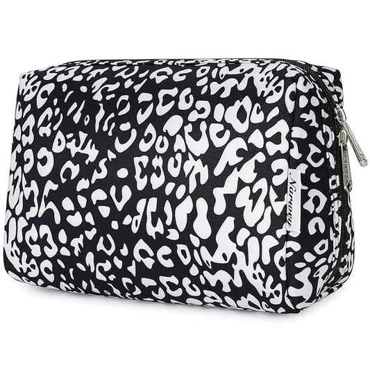 Narwey Cute Cheetah Makeup Bag Travel Cosmetic Bag Organizer Toiletry Bag Make Up Bags with Compartments for Women (Large, Black Leopard-1)