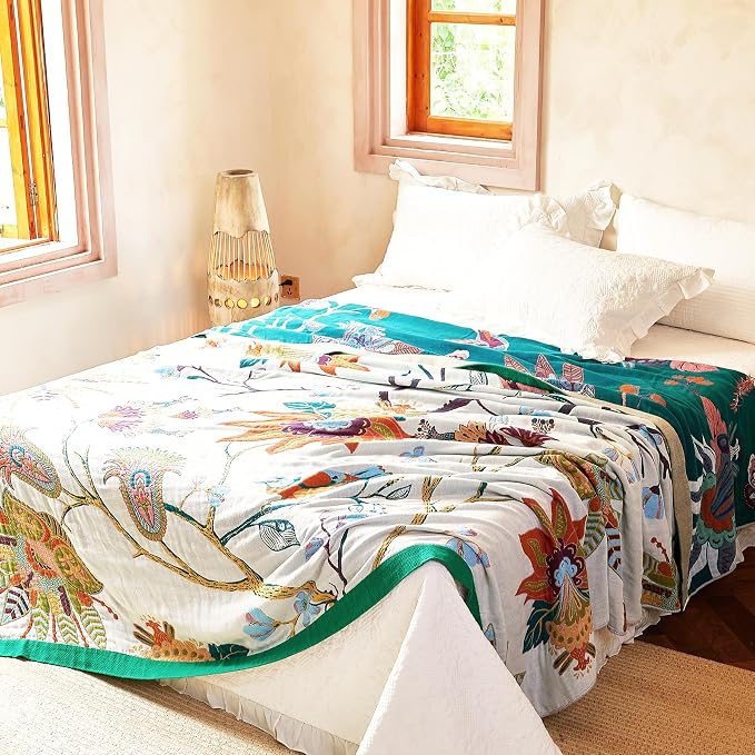 VANJOROY Boho Throw Blanket, 100% Organic Cotton Breathable Skin-Friendly Ultra Soft Bed Quilt Throw - All Season Floral Bird Farmhouse Décor Luxury Blanket for Sofa Couch Chair and Gift. 50" x 60"