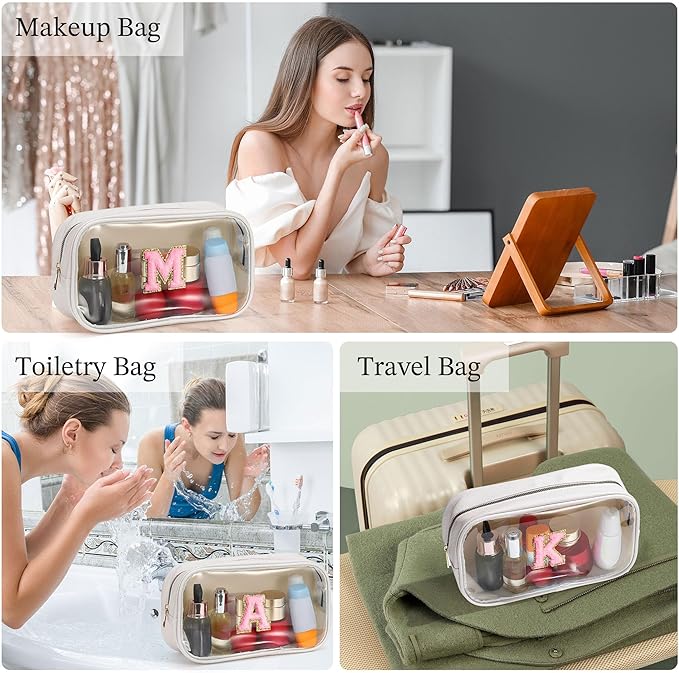 YOOLIFE Initial Make Up Bag Travel Toiletry Bag, Clear Makeup Bag Preppy Cosmetic Bag Travel Essentials Gifts for Women Teen Girlfriend Teacher Mom Birthday Daughter Gifts Swim Gifts For Girls White G