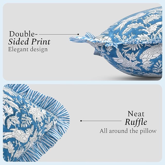 CPC Block Print Ruffle Throw Cover Blue Sapphire 24"x24" Inch Pack of 2-100% Cotton Ruffle Couch Decorative Boho Pillows Case for Living Room, Bedroom, Sofa, Farmhouse Gift for Spring, Mother's Day