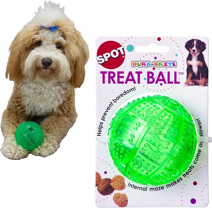 SPOT Dura-Brite Treat Ball - Treat Dispensing Dog Toy Made with Durable TPR Rubber, Interactive Slow Feeder Puzzle Ball, Prevents Boredom and Makes Mealtime Fun - 3in, Assorted Colors