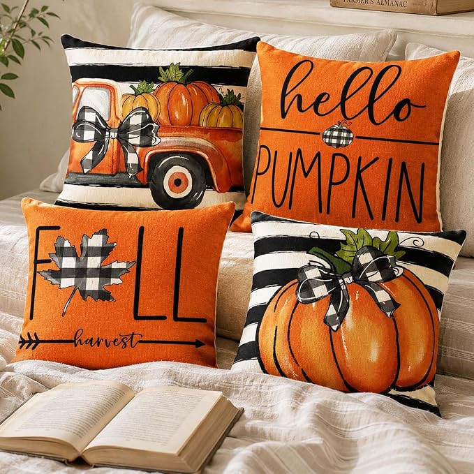 Fall Throw Pillow Covers for Home Strip Pumpkin Pillowcase 18x18 Set of 4 | Hello Pumpkin, Fall Harvest, Vintage Orange Truck, Sofa Covered Patio Farmhouse Thanksgiving Decor Cushion Case