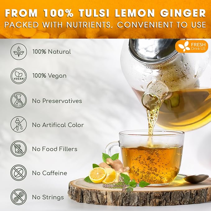 FreshDrinkUS, Premium 55 Tulsi Lemon Ginger Tea Bags, 100% Natural & Pure from Tulsi Holy Basil Leaves, Lemon and Ginger. Made with Natural Material Tea Bags. No Sugar, No Caffeine, Vegan.