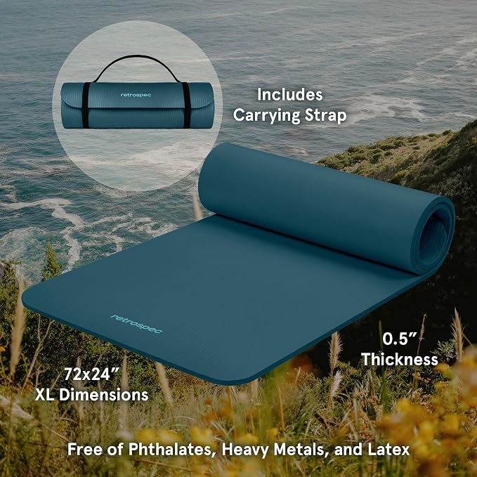 Retrospec Solana Yoga Mat Thick 1/2in Non-Slip Workout Mat with Nylon Strap - 72x24in Exercise Mat for Pilates, Stretching & Fitness - BPA Free, Easy Clean