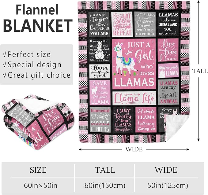 Llama Gifts for Women Girls Throw Blanket 60"x50", Llama Gifts for Lovers Mom, Alpaca Blanket/Decor