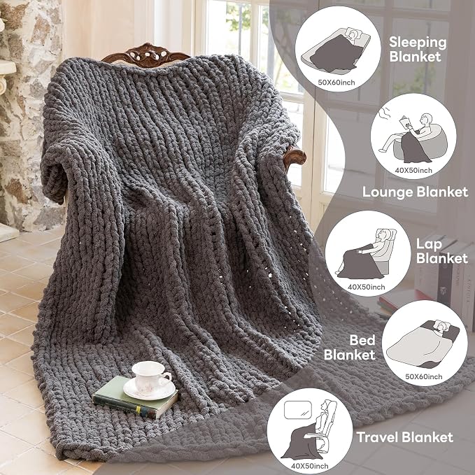 Chunky Knit Blanket - Luxury Soft Cozy 60 * 80 Throw Blanket,100% Woven Blanket Rope Knot Throw Blanket for Couch, Sofa, Home Decor, Gift - Machine Washable (Black Gray, 60 * 80)