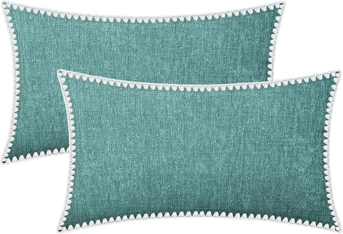 BRAWARM Chenille Throw Pillow Covers 12x20 Inches, Teal, 2 Pack | Decorative Lumbar Pillow Covers with Shell Edge, Soft Cushion Cases for Sofa Bed Living Room Home Farmhouse (No Insert)