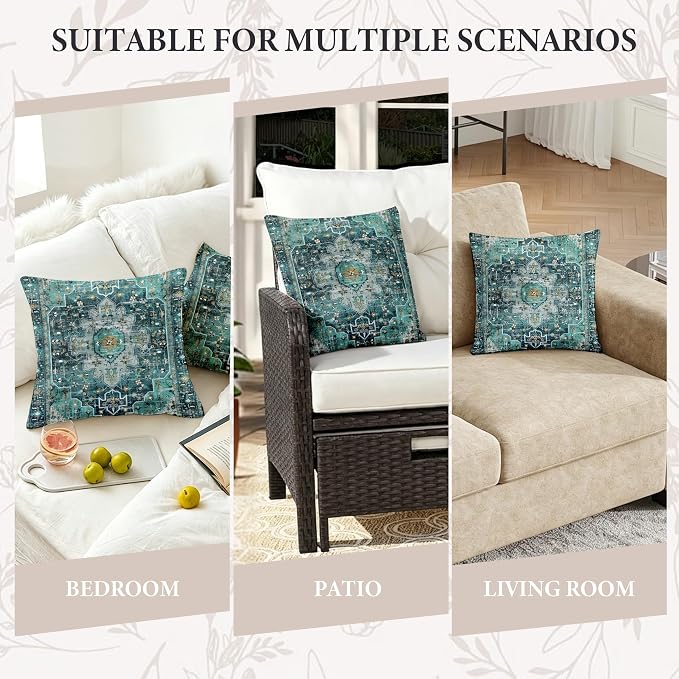 Boho Throw Pillow Covers 18x18 inch Set of 2,Soft Pillowcases Bohemia Carpet Printing Pattern Decorative Sofa Living Room Bed Square Pillow Case Cushion Cover-Cyan