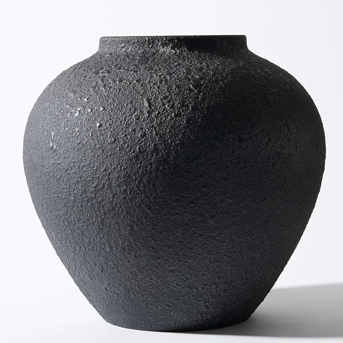 SilkSerenade Large Black Round Vase for Flowers & Table Centerpieces - 11 Inch Rustic Textured Earthy Stone Look, Matte Big Vessel Decorative Arina Modern Farmhouse Wabi Sabi Decor Living Dining Room