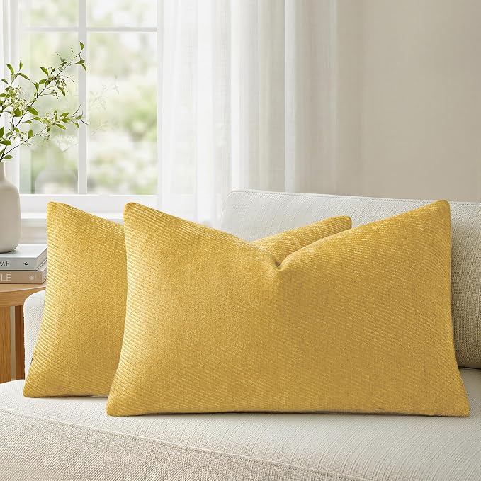 Fall Decorative Throw Pillow Covers Pack of 2,20x12 Inch Mustard Yellow | Twill Chenille Cushion Covers for Sofa Living Room Couch Bed