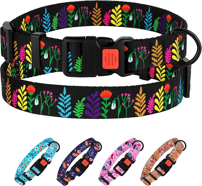 Nylon Dog Collar Floral Pattern Black 14-18 inch