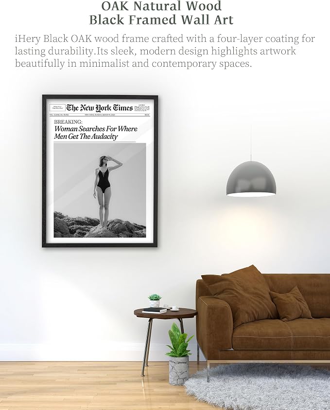 iHery 8x10in Where Men Get the Audacity Framed Newspaper Wall Art | Black Natural OAK Wood Frame with Canvas Print, Funny Magazine Decor for Bathroom Bedroom Girl Dorm Living Room, 1Pack