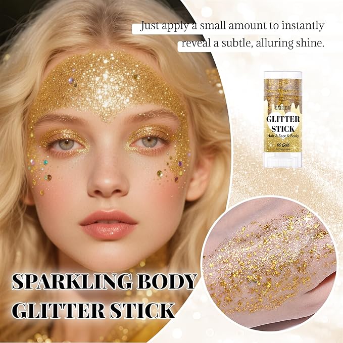 DAGEDA Gold Body Glitter Stick,Sparkly Face Glitter Makeup,Holographic Hair Glitters Mermaid Makeup Rave Outfits for Women, Shimmer Face Paint Stick Singer Concert Accessories