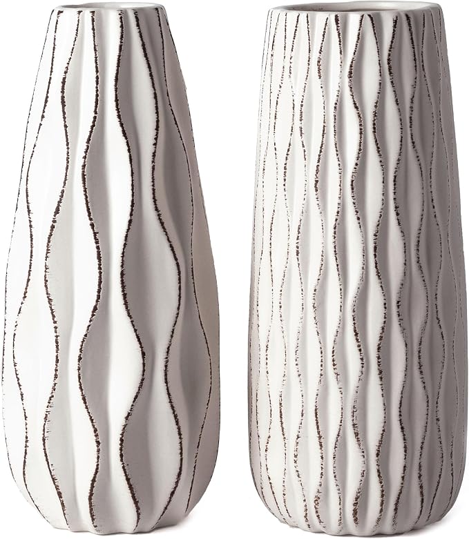 VICTOR & TERESA Ceramic Vase for Flowers, 10'' Set of 2 Decorative White Vases for Home Decor, Farmhouse Vases for Pampas Grass, Table, Mantel, Living Room, Shelf, Centerpieces, Gifts for Mom