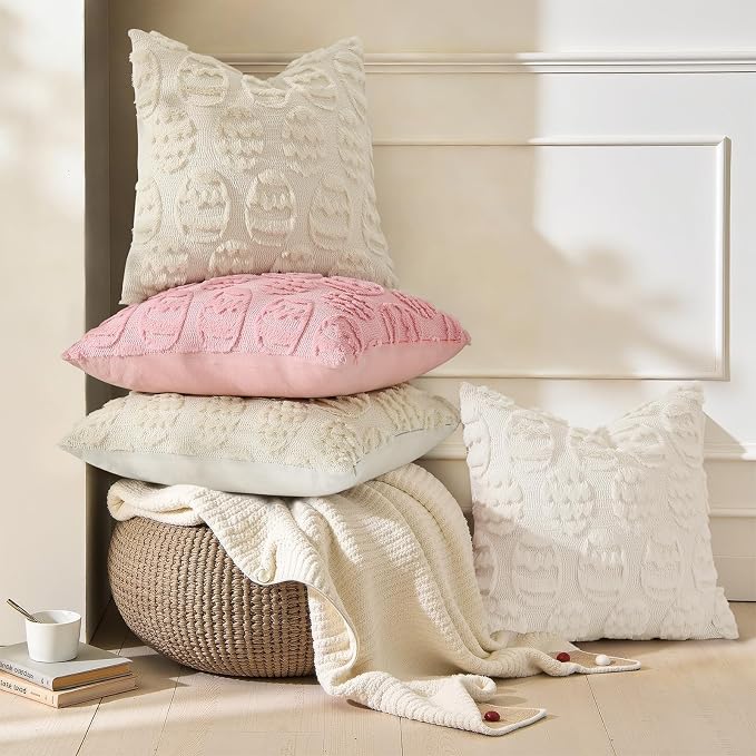 decorUhome Beige Faux Fur Egg Throw Pillow Covers 12x20 Set of 2 | Plush Soft Wool Jacquard Beige Cushion Covers, Modern Farmhouse Neutral Easter Holiday Decor Pillow Covers for Couch Sofa Bed