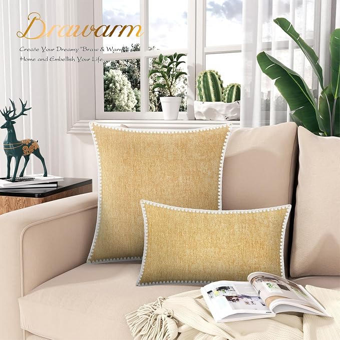 BRAWARM Chenille Throw Pillow Covers 18x18 Inches, Gold, 2 Pack | Decorative Pillow Covers with Shell Edge, Soft Cushion Cases for Sofa Bed Living Room Home Farmhouse (No Insert)