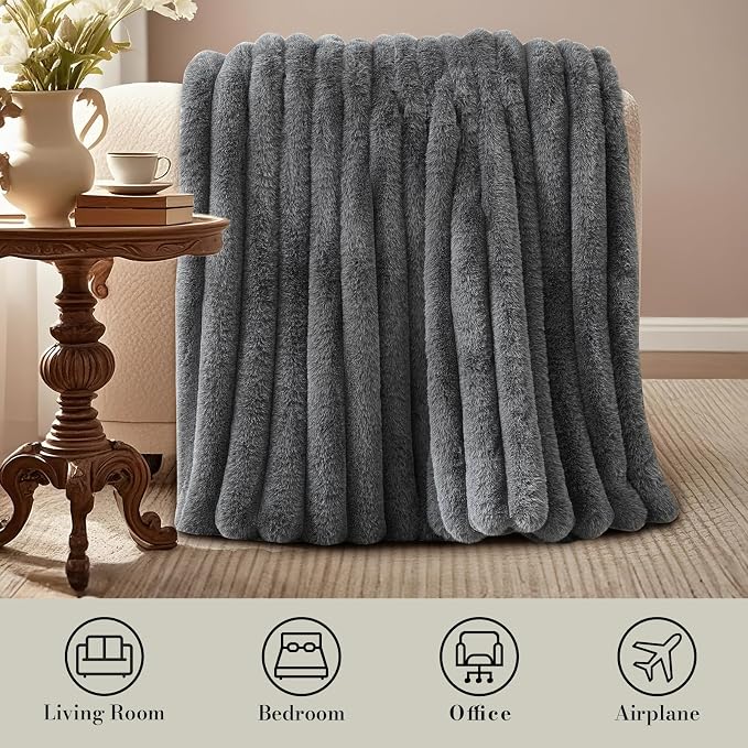 Faux Fur Throw Blanket for Couch, Ultra Cozy Fuzzy Fluffy Fur Luxurious Soft Striped Plush Gift Blankets for Family Sofa Chair Bedroom, 60"x80", Cationic Wolf Gray