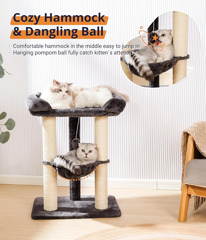 28" Cat Tree, Large Bed for Big Cats, Small Cat Tower with Soft Perch for Window Viewing, Stable Cat Tree Tower, Cat Scratching Post with Hammock, Removable Cover-Gray