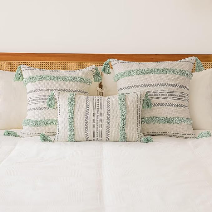 BUIOVBEY Boho Throw Pillow Covers Woven Tufted Pillow Cases with Tassels | Farmhouse Pillow Covers 20x20 Set of 2 Textured Striped Cushion Case Neutral Decorative Pillowcase for Sofa Couch Light Green
