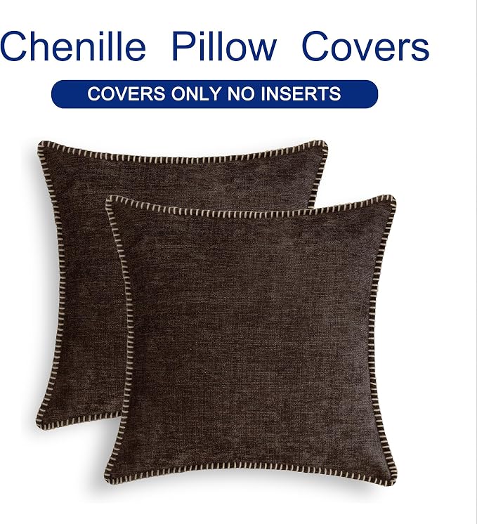 CaliTime Decorative Couch Throw Pillow Covers 26 X 26 Inches Coffee | Pack of 2, Cozy Chenille Cushion Cases, Cotton Thread Stitching Edges, for Sofa Bed Living Room Farmhouse