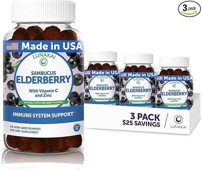 Lunakai USA Made Black Sambucus Elderberry Gummies for Adults & Kids with Vitamin C & Zinc - Immune Support, Antioxidants, Non-GMO, 3 Pack