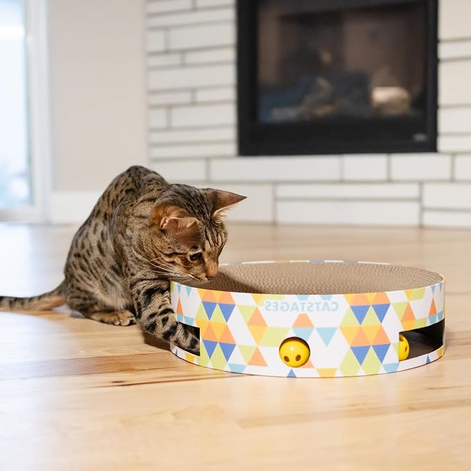 Catstages Bowl Track Scratcher 3-in-1 Ball Track, Scratcher, Lounger, 13.8" | Corrugated Scratch Pad & Lounger + Ball Track Cat Toy with 2 Balls for Interactive Play, Indoor Enrichment, Cats & Kittens