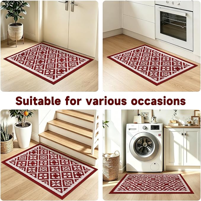 Ileading Christmas Entrance Door Mat, Absorbent Dog Mats for Muddy Paws, Low-Profile Small Red Xmas Decor Kitchen Runner Rug with Non-Slip Backing, Machine Washable Entryway Welcome Mat(Red 24"X36")