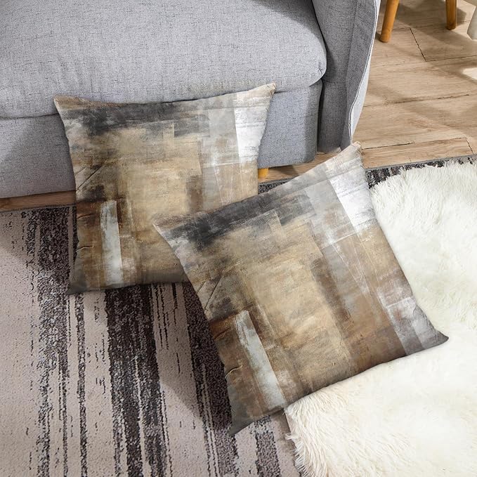 Throw Pillow Covers Set of 2, 20 x 20 Inch, Beige Grey Brown Taupe | Abstract Modern Art Outdoor Decorative Square Pillow Cases Couch Cushion Case for Couch Bed Sofa Living Room Home Decor