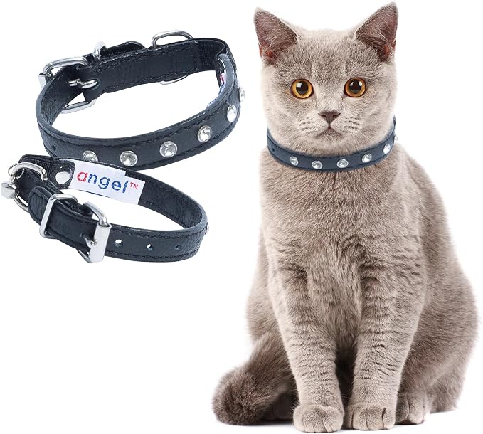 Athens Cat Collar, Leather Kitten Collar w/Rhinestones, Sturdy Breakaway Cat Collar with Bell & Elastic Stretch, Cat Accessories, Midnight Black, 10 x ½ inches - Angel Pet Supplies