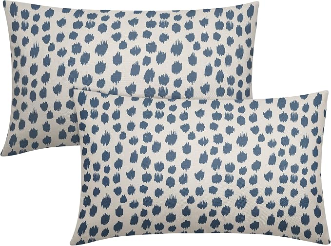 Dusty Blue Cream Pillow Covers 12x20 Set of 2 Boho Design Polka Dot Throw Pillows Modern Brush Strokes Print Decorative Outdoor Pillowcase Lumbar Cushion Cover Linen Pillow Case for Sofa Couch Bed
