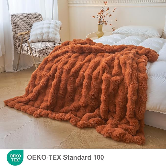 LIFEREVO Luxury Fluffy Faux Rabbit Fur Throw Blanket 50x60, Burnt Orange | Plush Bubble Blanket for Bedroom Living Room Office, Decorative Soft Furry Lap Throw for Kids Girls Teens Adults, Washable