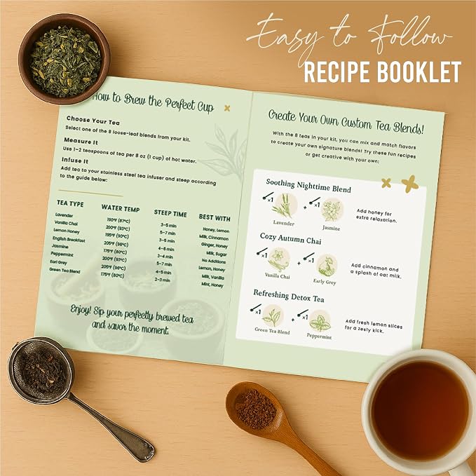Tea Gift Set – 8 Unique Flavors with Stainless Steel Infuser | Loose Leaf Tea Sampler with Vanilla Chai, Jasmine, Green Tea & More | Tea Gift Sets for Women and Men - Gift For Dad - Pack of 9