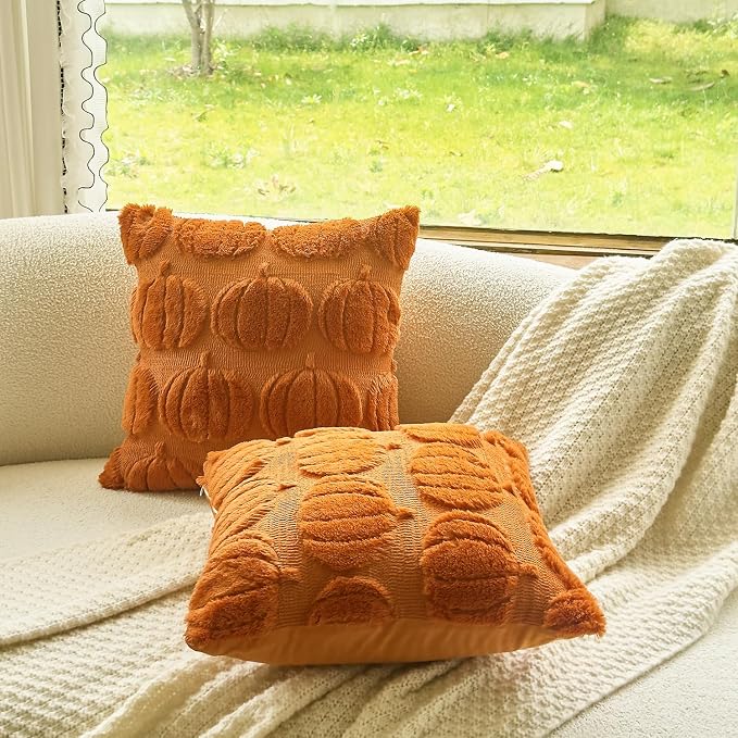 Pack of 2 Best Gift Happy Fall Y'all Pumpkin Fluffy Soft Decorative Throw Pillow Covers Cushion Case for Bed Couch Sofa Farmhouse Square 18''X18'inches (Pumpkin)