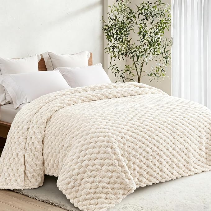 Whale Flotilla Soft Fleece Queen Size Bed Blanket Luxury 3D Jacquard, Ivory | Lightweight Breathable Coverlet Bedspread for All Seasons, Super Cozy Plush Fluffy Fuzzy Decorative Blanket for Bed, 90"x90"