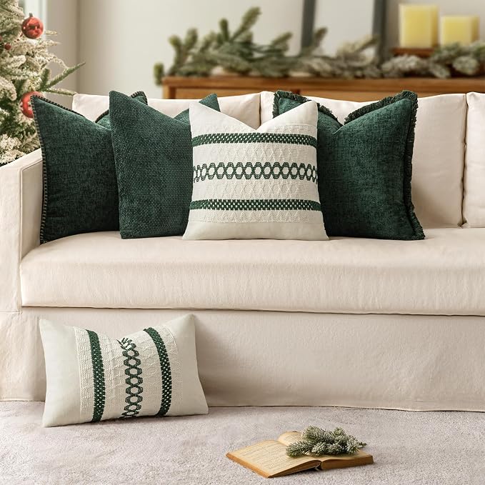 MIULEE Decorative Couch Throw Pillow Covers 20x20 Inch Dark Green 2 Pack | Farmhouse Pillow Covers with Stitched Edge, Soft Chenille Cushion Cases, for Sofa Bed Living Room Home Decor